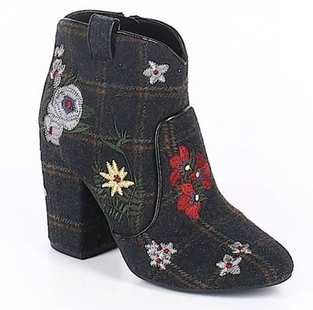 Indigo Rd. Flannel Plaid Floral Embroidered Ankle Booties Gray Multicolor 9